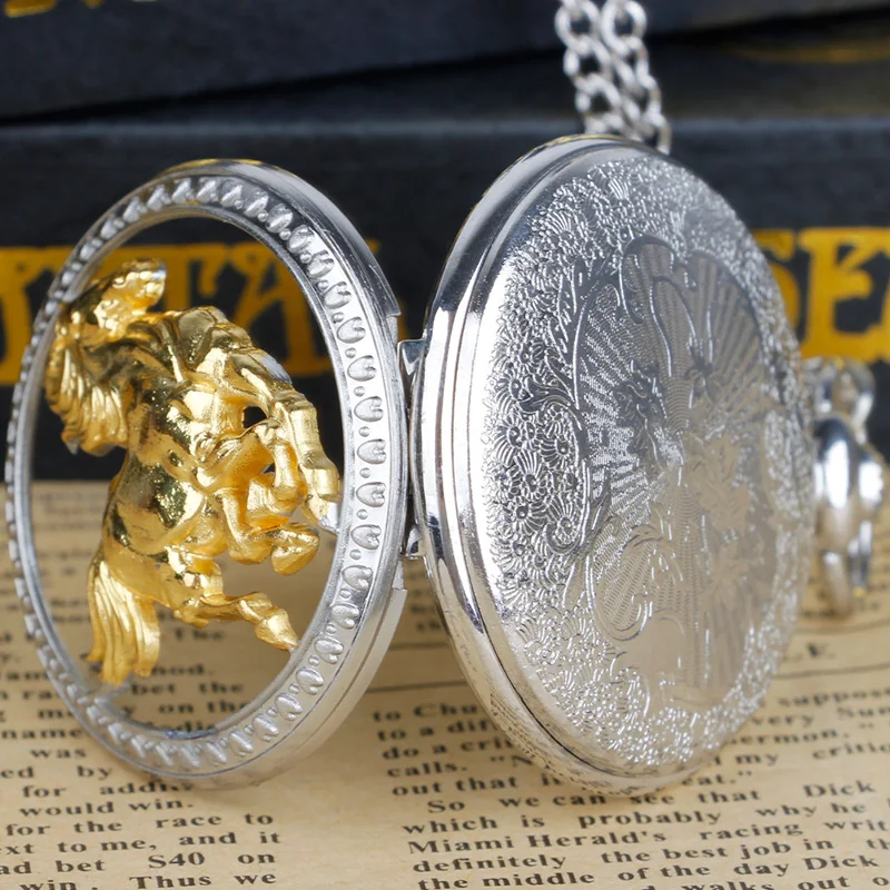 Silver Gold Hollow Running Horse Quartz Pocket Watch Necklace Men Women Gifts With Fob Chain