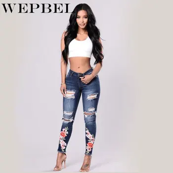 

WEPBEL Stretch Embroidered Jeans for Women Elastic Flower Jeans Female Slim Denim Pants Hole Ripped Rose Pattern Jeans