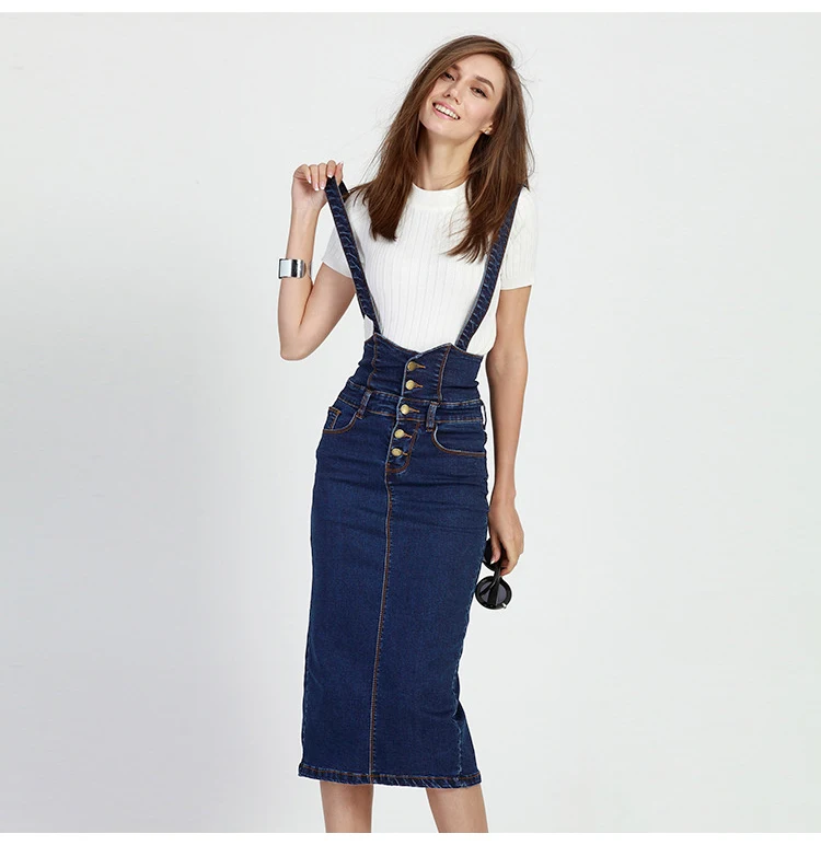 Long Denim Skirt With Straps Women Button Jeans Skirts Plus Size Long High Waist Pencil Skirt Denim Skirts Womens