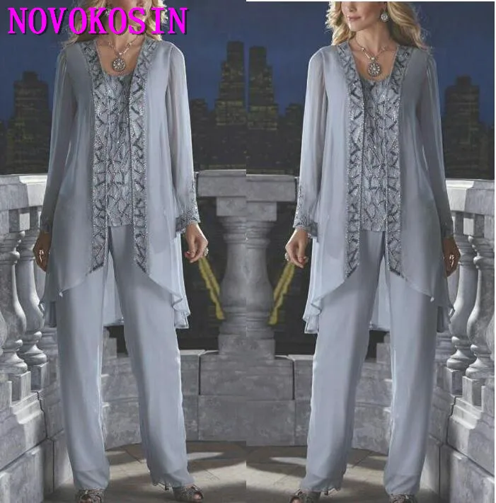 

2020 Custom Chiffon Beach Wedding Mother Dress Mother Of The Bride Groom 3 Piece Pant Suit Long Sleeves Bead Formal Evening Wear