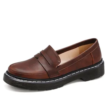 

New England Style Round Toe Retro Leather Slip-on Flat Oxford Shoes For Women Vintage Platform Creepers Women Loafers Size 43