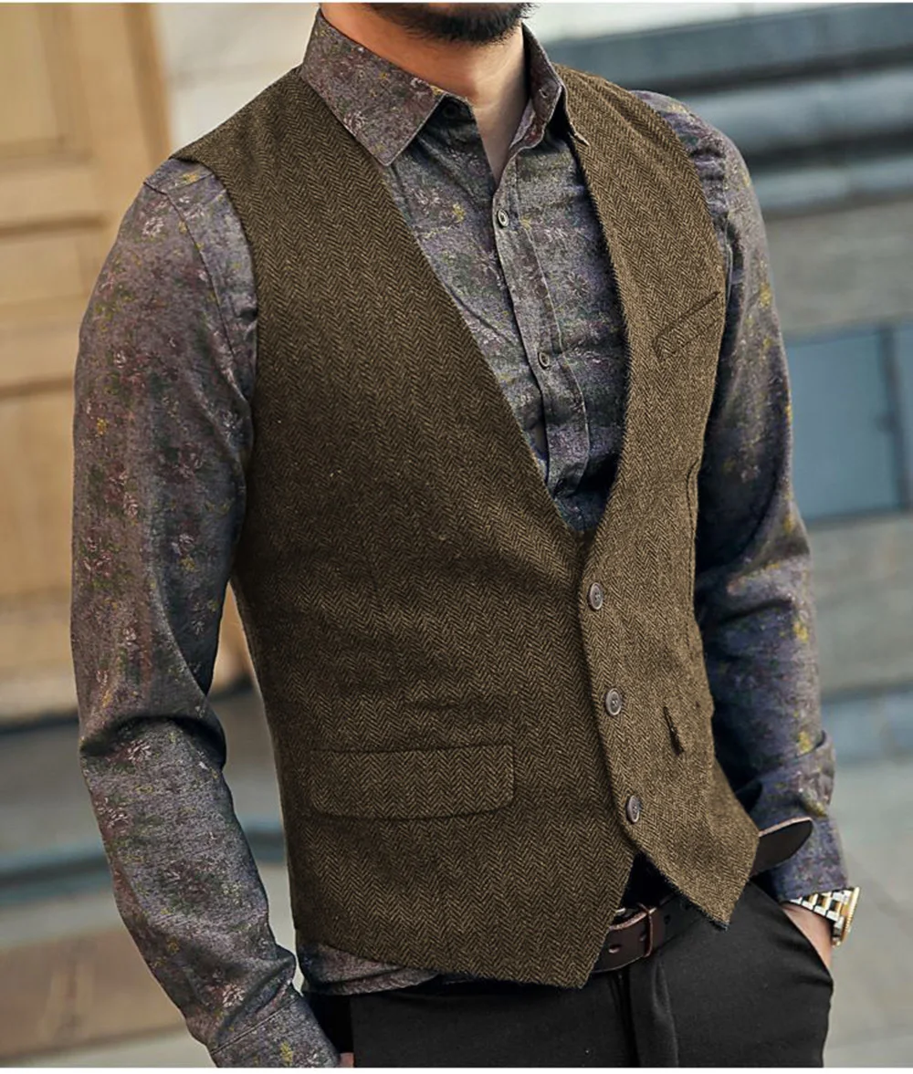 Uomo Casual lana a spina di pesce vestito gilet con scollo a v gilet tweed gilet per