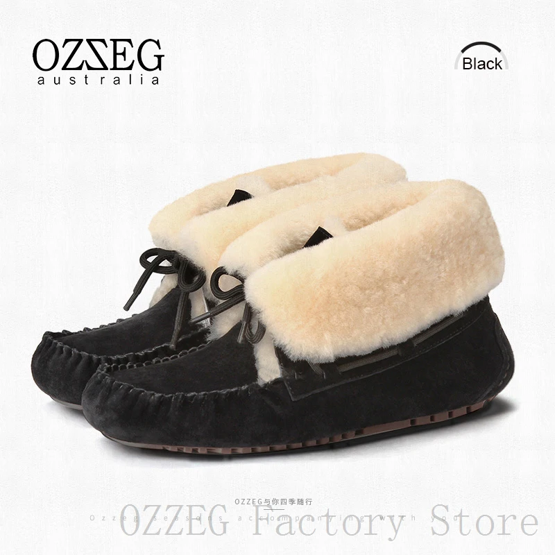 OZZEG; Роскошная брендовая Дизайнерская обувь; женские зимние ботинки на австралийском овечьем меху; ботильоны из натуральной кожи; женская обувь; OZ0030 - Цвет: Черный