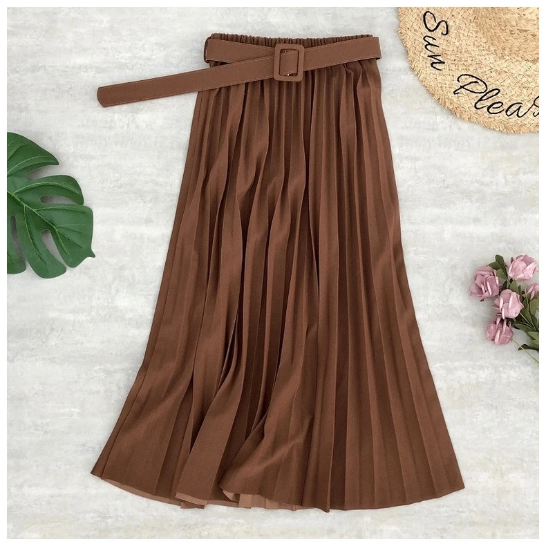 High Waist Women Skirt Casual Vintage Solid Belted Pleated Midi Skirts Lady 19 Colors Fashion Simple Saia Mujer Faldas floral skirt Skirts