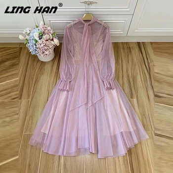 

LINGHAN Elegant Pink Mesh party Dress Women's Fashion Diamonds Stand Slim Dresses Designer Spring Summer New