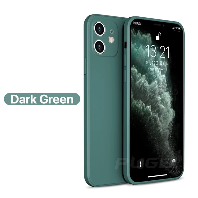 Luxury Square Frame Soft Liquid Silicone Case For iPhone 12 11 13 Pro Max Mini X Xr Xs SE 2 2020 6 6s 7 8 Plus Shockproof Cover Dark green