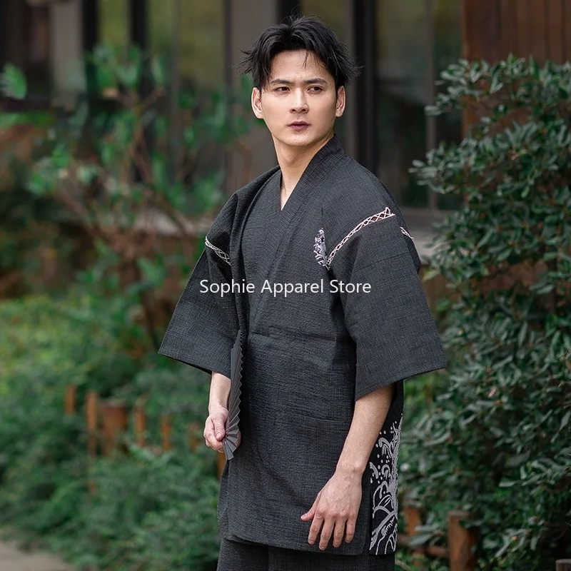 Men's Japanese Kimono Summer Lounge Set Jinbei Men Pyjama Sets Yukata Nightwear japanese kimono
