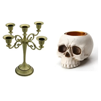 

5-Candle Metal Candelabra Tall Candle Holder (Bronze) & Terror Ornaments Skull Candlestick Holder Christmas Tealight