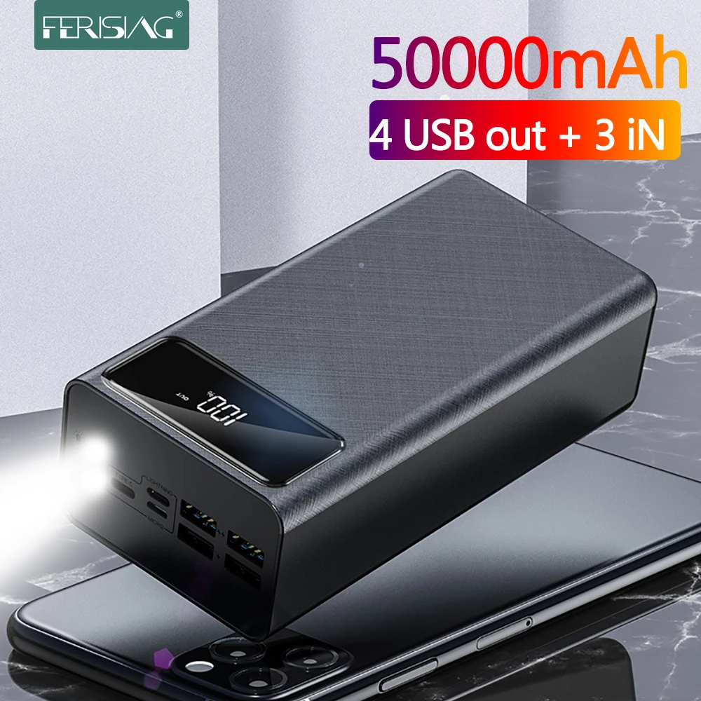 FERISING 50000mAh Power Bank LED Digital Display 4 USB External 50000 mah Pover banks Battery Portable Powerbank for Xiaomi power bank charger