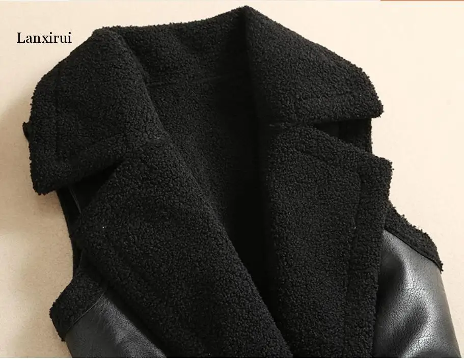 Зимний черный кожаный жилет куртка из искусственного меха без рукавов женский теплый длинный стильный жилет с меховыми карманами