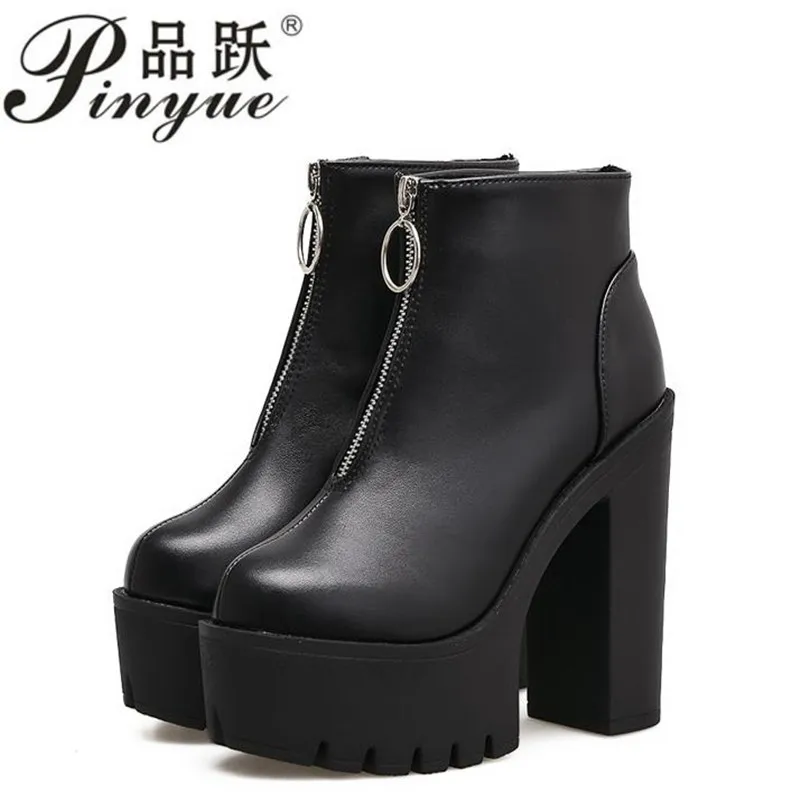 

Sexy Zipper Chunky Ankle Boots Heels Platform Shoes For Women 2019 New Autumn Boots Female Black Leather Punk Style Brand