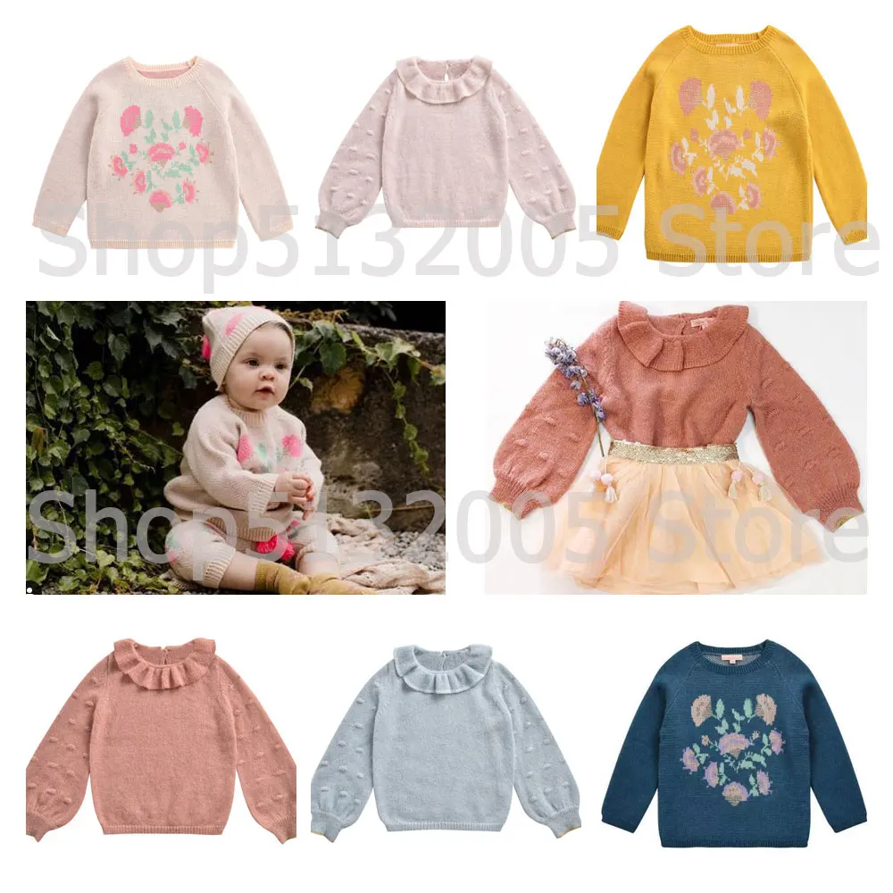 Online En STOCK suéter de punto con ribete de volantes en el cuello otoño invierno nuevas niñas bebé nacional viento tejido flor volantes Collar suéter