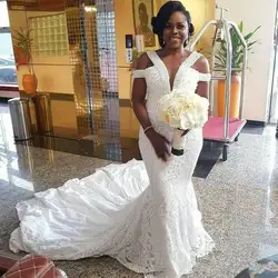 2020 Свадебные платья русалки из Южной Африки, длинные платья с открытыми плечами и жемчугом, v-образный вырез, свадебные платья размера плюс