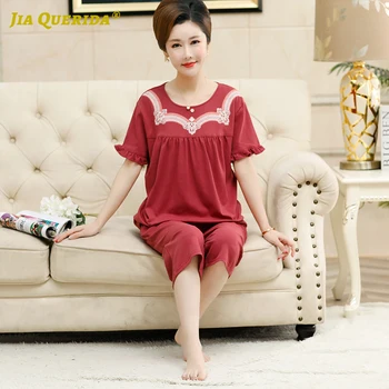 

Women's Pajamas Set Summer Shorts Pijamas for Women Sleepwear Round Neck Cotton Red Womens Pyjama Home Clothes Calf-length Pants