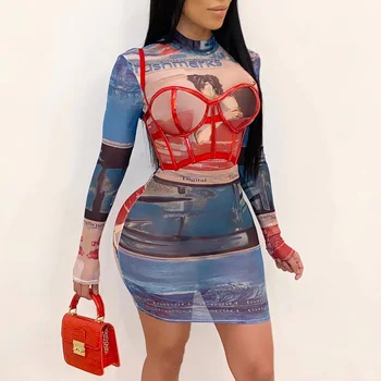 

Colorful Print Stretchy Long Sleeve Dress Women Mock Neck Bodycon Mini Dress Sexy Night Clubwear Party Dresses Tight Vestidos