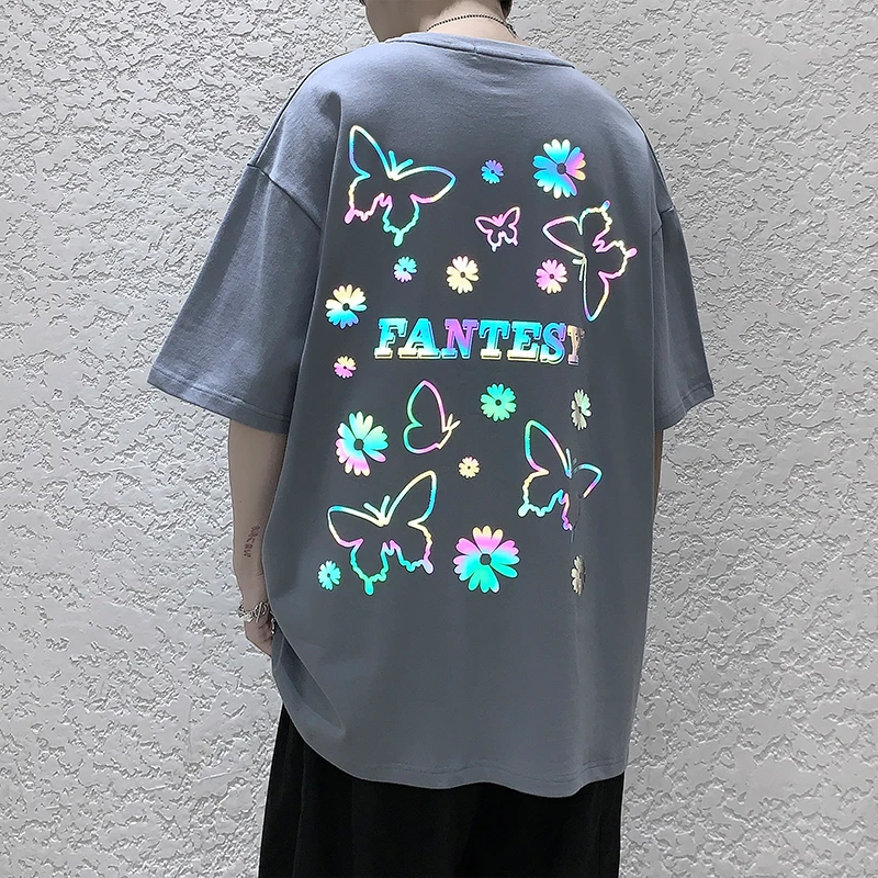 

Reflective Colorful Letters Printed T Shirts for Mens Summer Butterfly Graphic Tees Shirt Homme Harajuku Oversized Streetwear