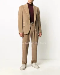2Pcs Jacket Pants Light Khaki Men’s Suits Thick Winter Corduroy Blazer Business Party Show Wedding Marriage Evening Party Wear