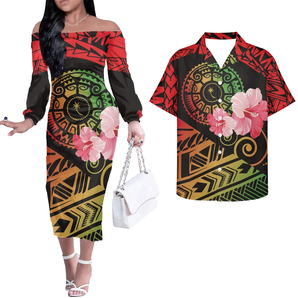 

HYCOOL Chuuk Island Dress Polynesian Tribal Clothing Off The Shoulder Dress Matching Shirt Bodycon Spring Dresses For Women 2021