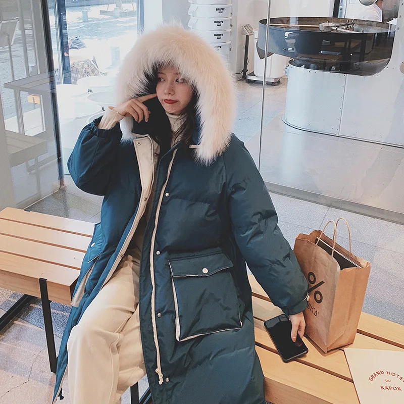 

Photo Shoot 2019 Winter New Style Korean-style Cotton-padded Clothes Peacock Blue Hooded Contrast Color Large Fur Collar Long Co