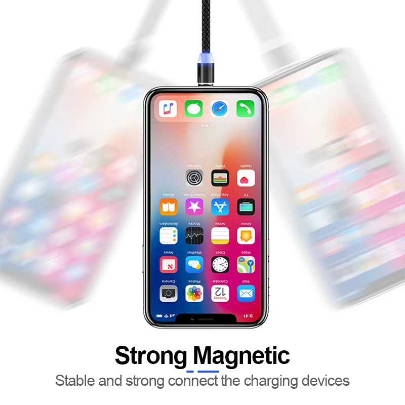 Магнитный светодиодный USB кабель PHOMAX 3 в 1 для iPhone X Xs 6 и Type C Micro нейлоновой оплетке