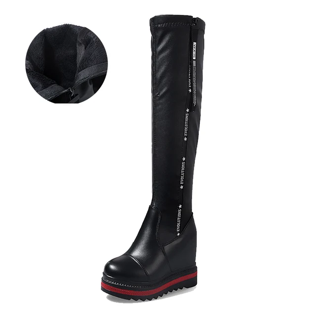 Side Zipper Knights Boot Women Height Increasing Platform Winter Shoes Woman Stretch Febric Wedges Knee High Snow Boots WB067 Black plush