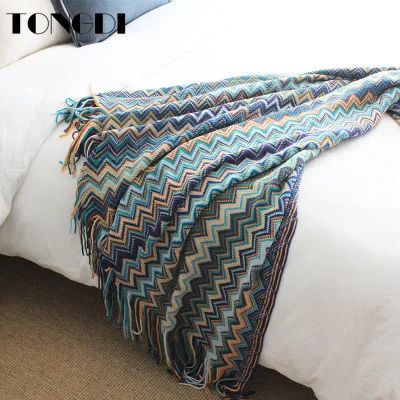 

TONGDI Boho Soft Warm Fashionable Wave Lace Fringed Knitting Wool Blanket Luxury Pretty Decor For Girl Summer Handmade Sleeping