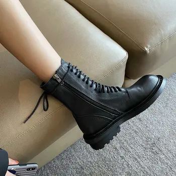 

Genuine Leather Punk Motorcycle Boots Women Ankle Boots Autumn Winter 4cm med Heels Shoes Woman size 40 41 42