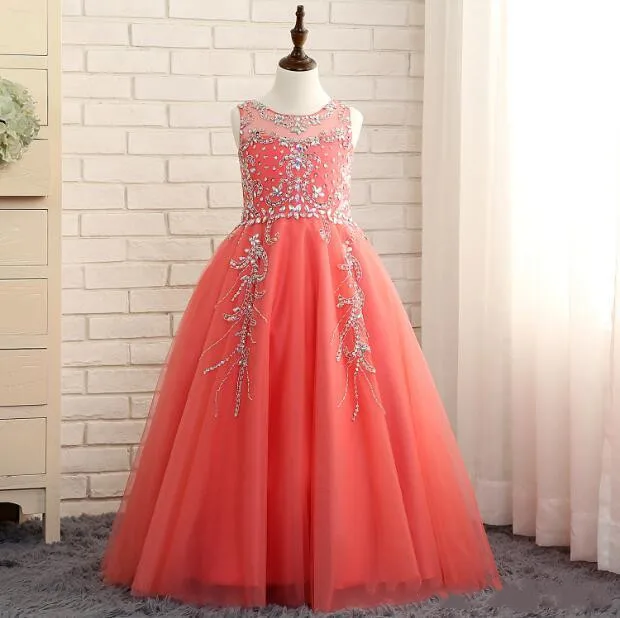 Oranje Puffy Tulle Meisjes Pageant Jurken Sheer Hals Crystal Kralen Nieuwe Meisjes Party Prom Dress Tulle Zipper Terug Oranje Puffy Tulle Meisjes Pageant Jurken Sheer Hals Crystal Kralen Nieuwe Meisjes Party Prom Dress Tulle Zipper Terug