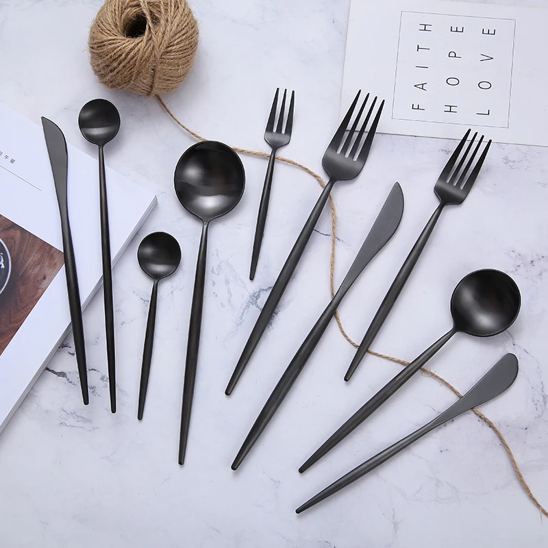 Черный набор столовых приборов из нержавеющей стали, вилки, ложки, ножи, столовое серебро, Корейская кухня, палочка для еды, столовая посуда, набор посуды, Прямая поставка