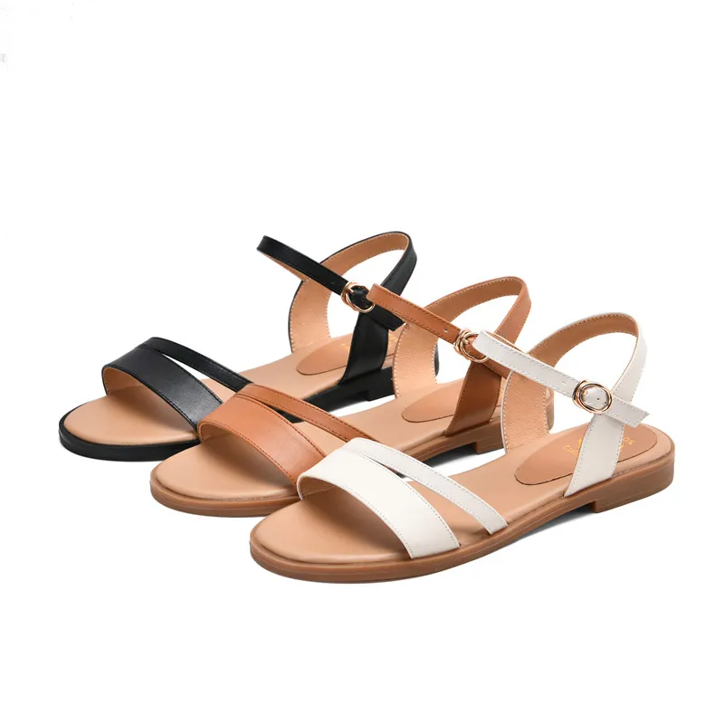 MORAZORA 2024 new arrive women sandals solid colors genuine leather footwear buckle summer casual shoes ladies flat sandals images - 6