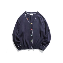 Японский вязаный кардиган Harajuku с разноцветными пуговицами для мужчин и женщин, милый вязаный кардиган с v-образным вырезом на пуговицах, графический кардиган, большие размеры