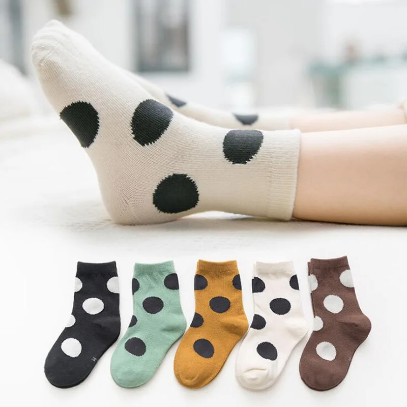 5 пара/лот, новые детские носки в крупный горошек осенне-зимние хлопковые детские носки