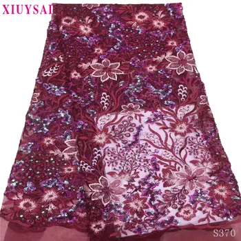 

New Design Nigerian Lace Fabric 2020High Quality Sequin Tulle Lace Fabric Wine Embroidered Tulle African French Lace Fabric S370