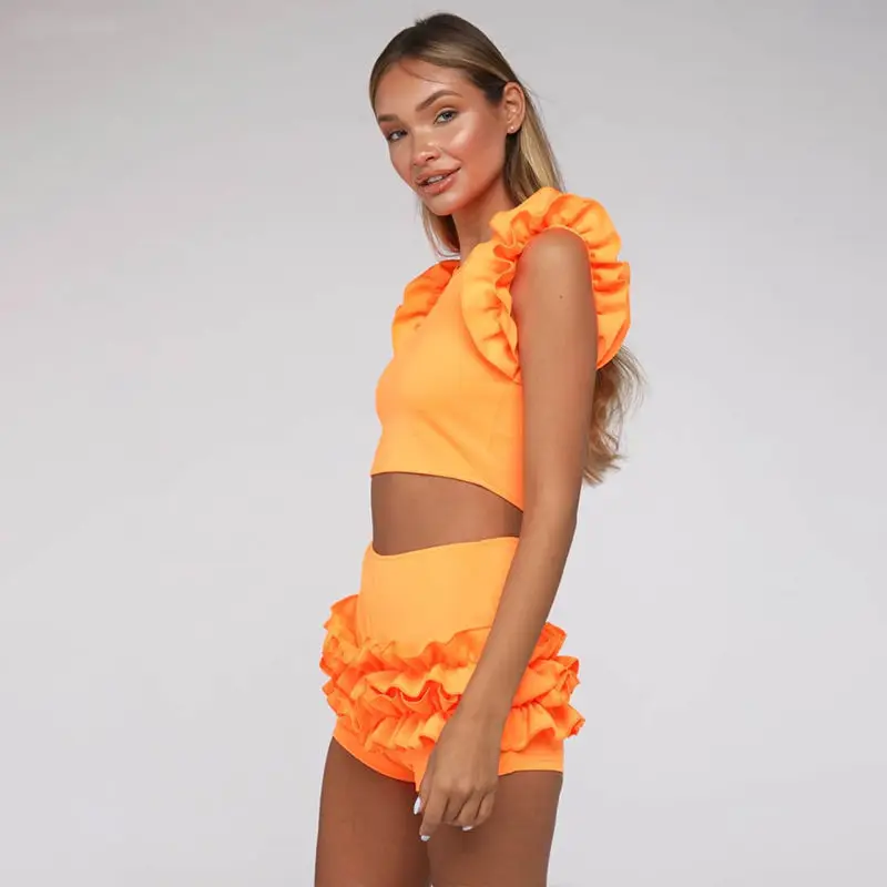 Сексуальный Одноцветный купальник с оборками, высокая талия, бикини, пуш-ап, купальник для женщин, модный бикини, купальный костюм, женская летняя пляжная одежда - Цвет: orange