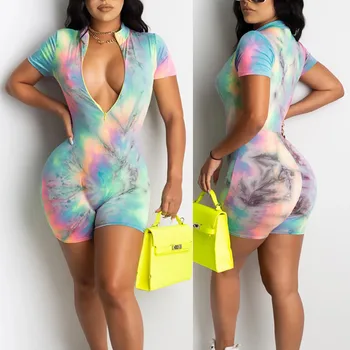

Womens Deep V-Neck Tie Dyeing Print Front Zipper Jumpsuit Bodycon Shorts Playsuit Shorts Romper