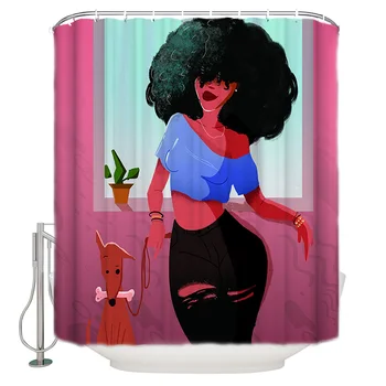 

African Women Dogs Shower Curtain Bathroom Curtain Polyester Fabric Bath Curtain Washable Home Bath Decor