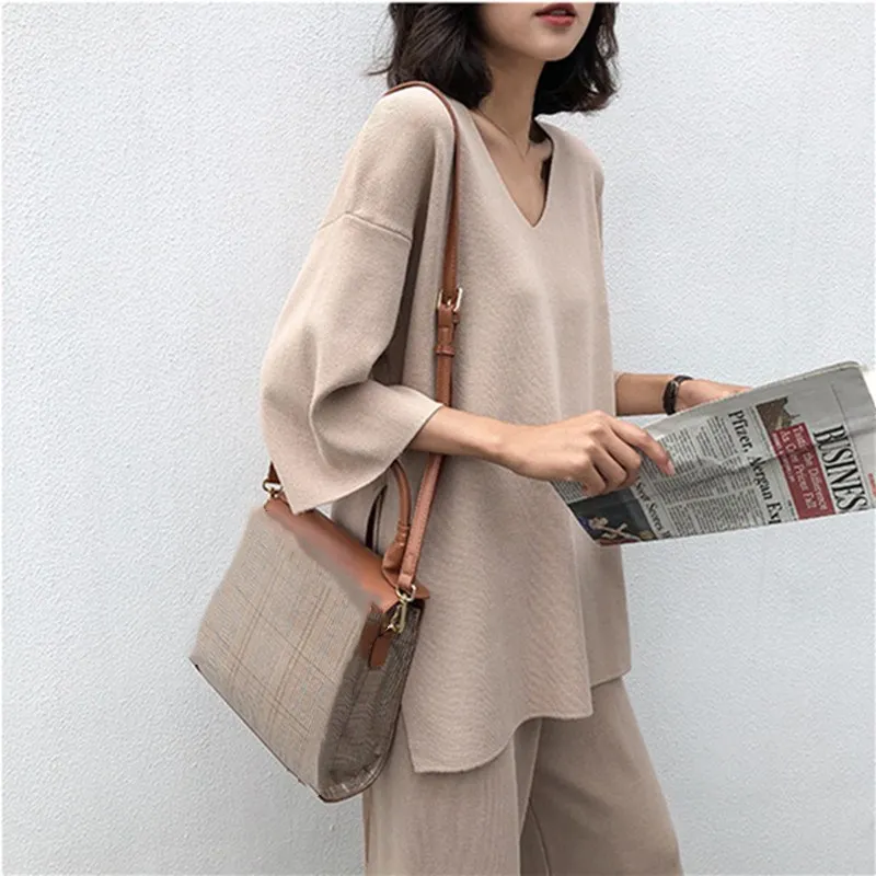 

Female Knitting Tracksuit Women Knitted Pullover Two Piece Set V-neck Long Sleeve Bandage Top Wide Leg Pants Suit