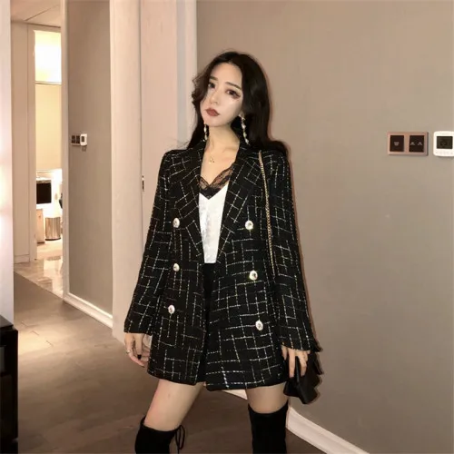 

Patchwork Tweed Jacket Coat 2019 Autumn Women's Long Sleeve Woolen Plaid Pearl Buckle Pocket Runway Jacket Tops