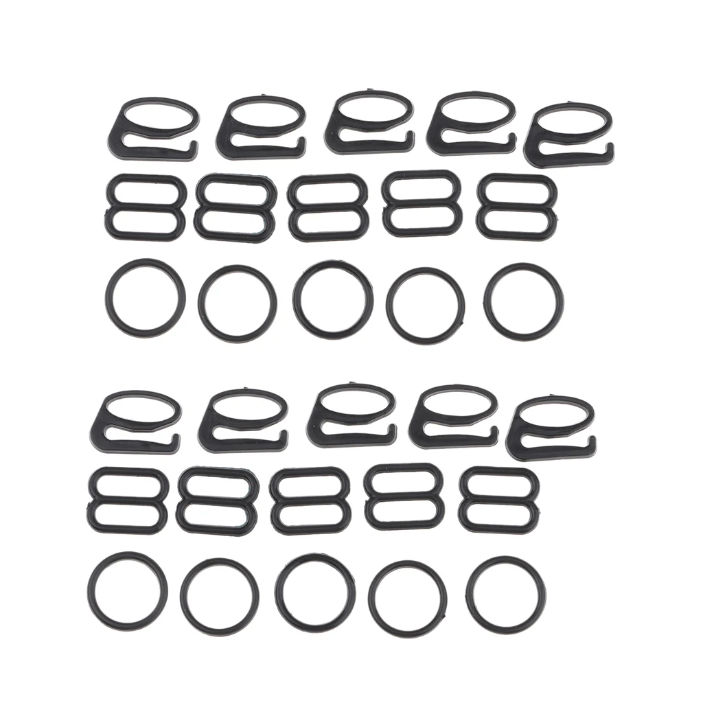 20 Sets Black Bra Strap Adjuster Slider Hook O Ring Buckles Bikini Fastener
