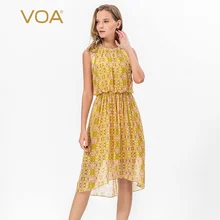 VOA Вечерние шелковые платья женские дикие круглый вырез без рукавов Асимметричные мягкие элегантные большое типа swing платье с эластичным поясом A1210