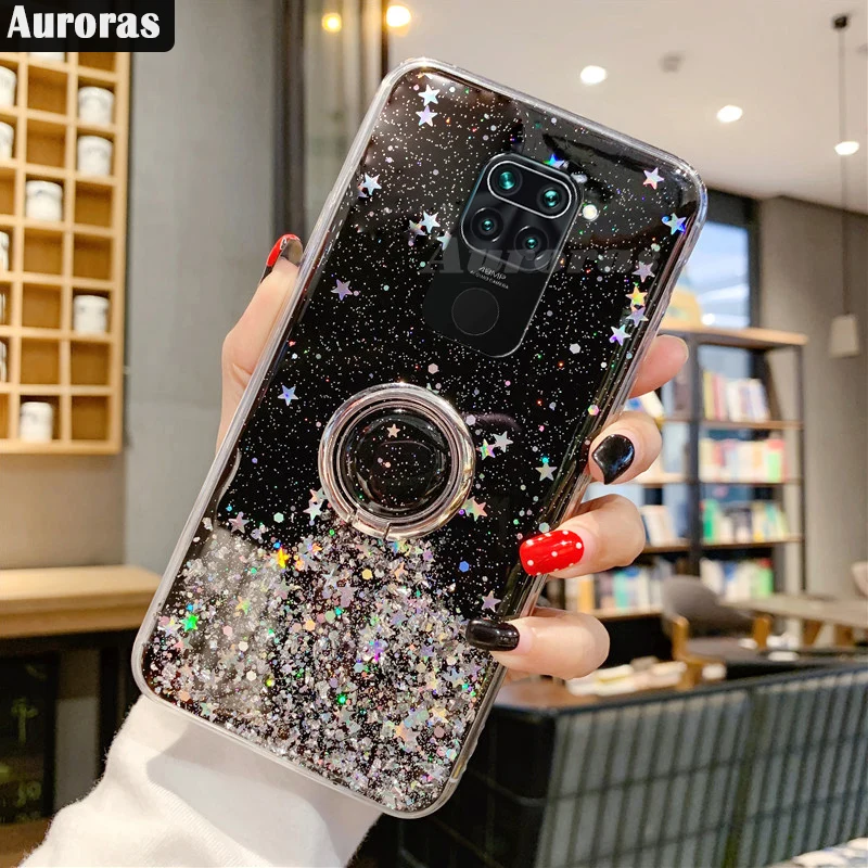 For Redmi Note 10 Case Glitter Bling Sequins Starry Sky With Ring