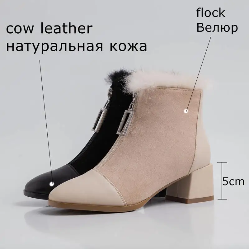 ALLBITEFO/теплые короткие плюшевые женские ботинки из натуральной кожи и флока; модные однотонные ботильоны для девочек; сезон осень-зима