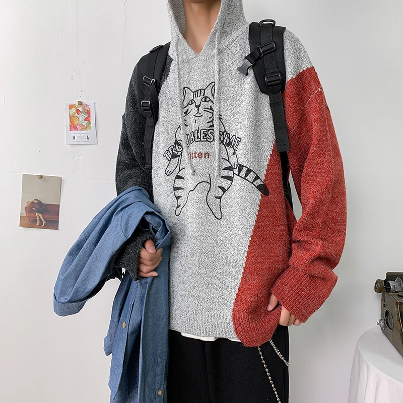 

2019 Men's Spring And Autumn New Casual Stitching Long-sleeved Hooded Hoodies Loose Temperament Trend Cotton Harajuku