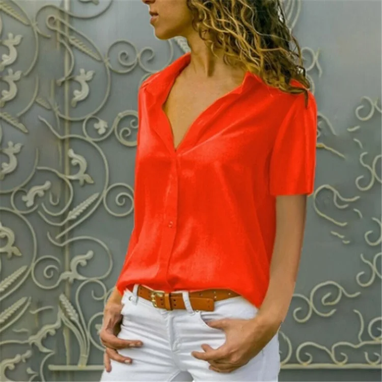 Oufisun, женские топы, блузка, весна и осень, элегантная, длинный рукав, одноцветная, v-образный вырез, кнопка, Женская рабочая одежда, рубашка, блузки размера плюс - Цвет: red2