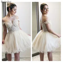 Baijinbai с открытыми плечами кремовые платья для выпускного вечера с бисером кружевные вечерние платья для женщин ТРАПЕЦИЕВИДНОЕ Короткое мини-платье для выпускного вечера