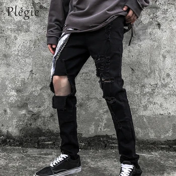 

Plegie Ripped Hip Hop Black Jeans Men Slim Fit Denim Pants Big Hole on Knee Destroyed Jeans Men's High Street Trousers Joggers
