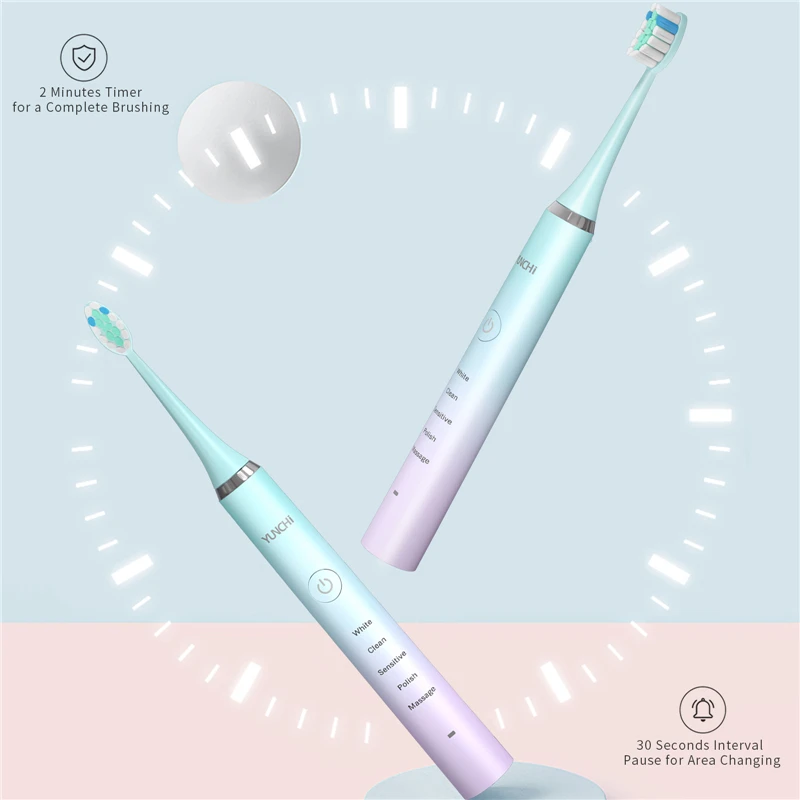 YUNCHI Sonic Electric Toothbrush Deep Clean Oral Timer 5 Brushing Modes USB Rechargeable Soft Bristles Tooth Brushes Waterproof