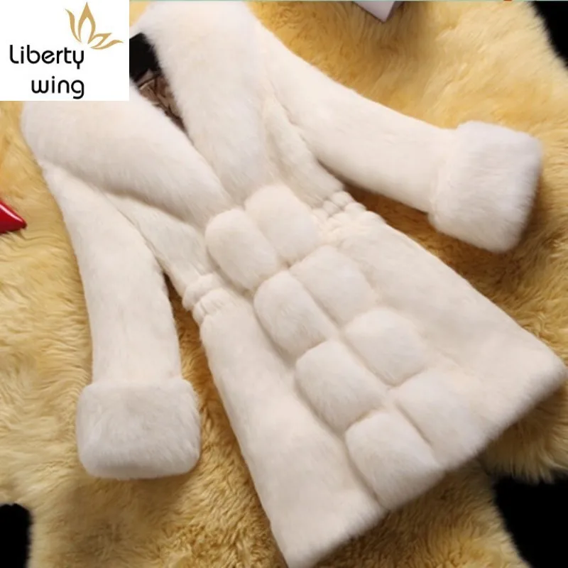 

Rabbit Women Faux Coat Winter Fox Fur Collar Warm Jacket Long Sleeve Elegant Thick Slim Outerwear Plus Size 6XL