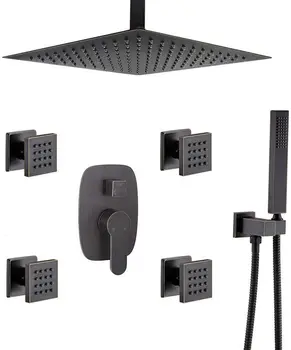 

Bathroom Ceiling Rainfall 12 Inch Square Shower Faucet System With 4 PCS Body Sprays Mixer Set Oil Rubbed Bronze Finish