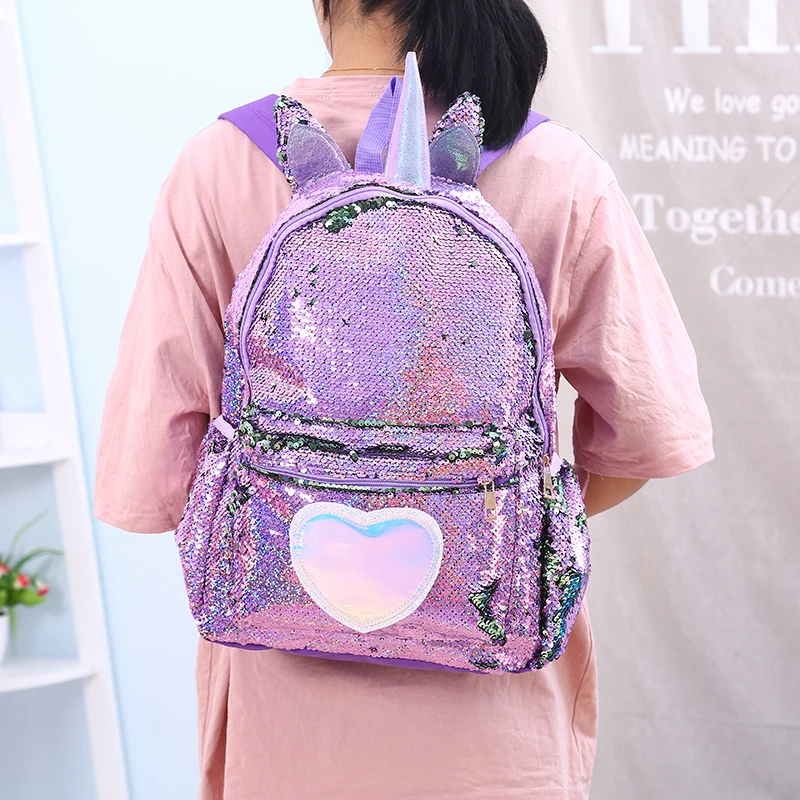 Girl Sequin Mermaid Backpack Children Large Zipper Unicorn Schoolbag Teenager Hologram Heart Love Backpack For School Travel Bag